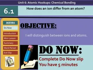 Objective: I will distinguish between ions and atoms.