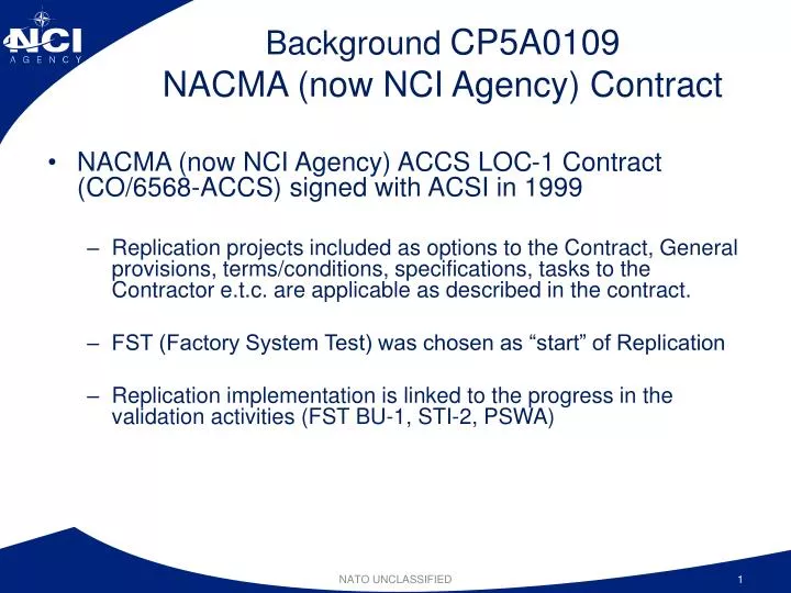 background cp5a0109 nacma now nci agency contract