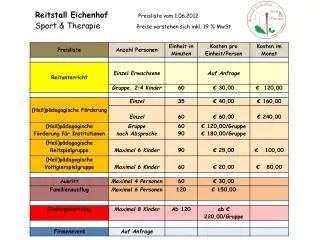Reitstall Eichenhof Preisliste vom 1.06.2012