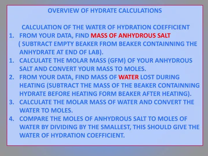 PPT - OVERVIEW OF HYDRATE CALCULATIONS CALCULATION OF THE WATER OF ...