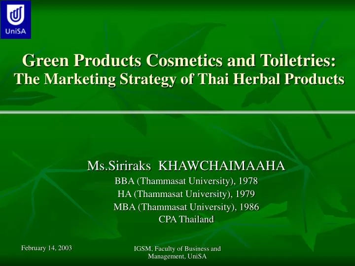 green products cosmetics and toiletries the marketing strategy of thai herbal products