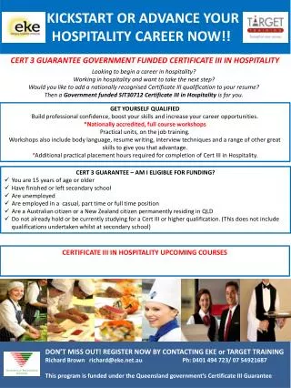 CERT 3 GUARANTEE GOVERNMENT FUNDED CERTIFICATE III IN HOSPITALITY