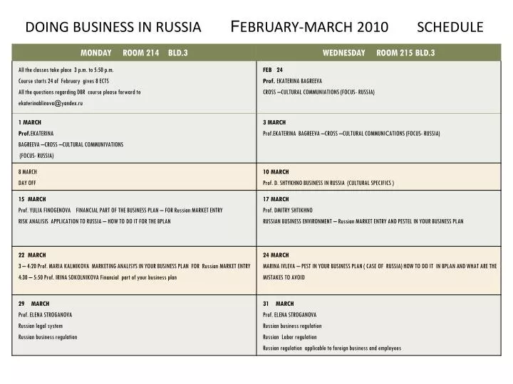 doing business in russia f ebruary arch 2 010 schedule