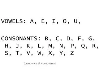 VOWELS: A, E, I, O, U, CONSONANTS: B, C, D, F, G, H, J, K, L, M, N, P, Q, R, S, T, V, W, X, Y, Z