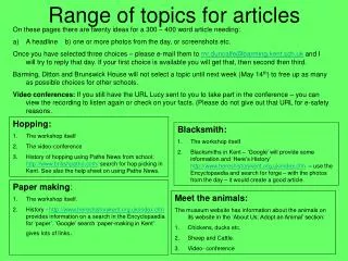 Range of topics for articles