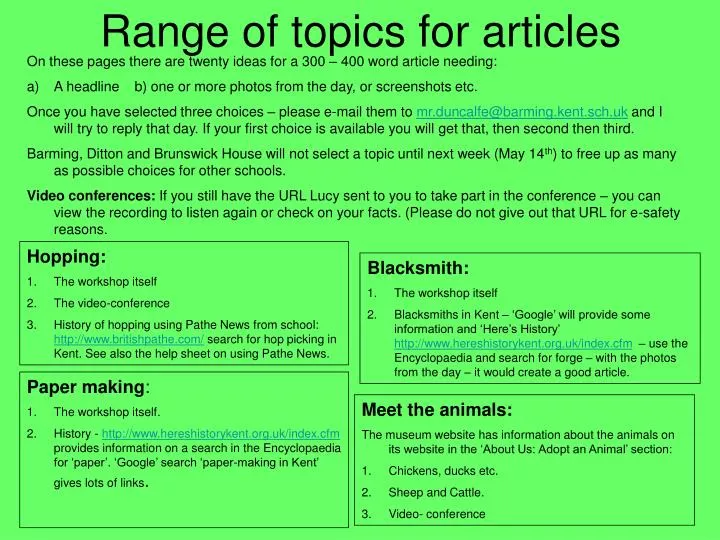 range of topics for articles