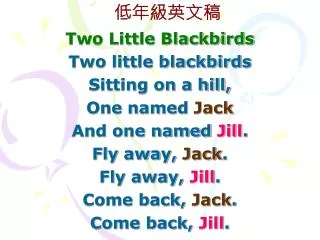 Two Little Blackbirds Two little blackbirds Sitting on a hill, One named Jack