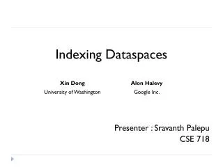 Indexing Dataspaces Presenter : Sravanth Palepu CSE 718