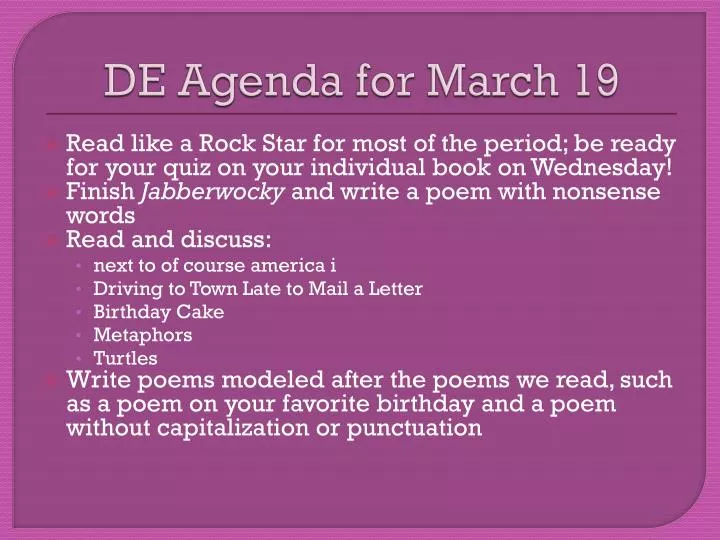 de agenda for march 19