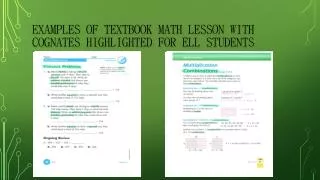 Examples of Textbook Math lesson with cognates highlighted for ELL students