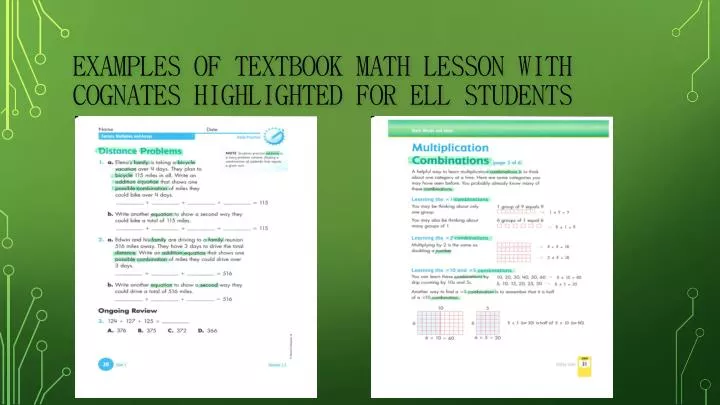 examples of textbook math lesson with cognates highlighted for ell students