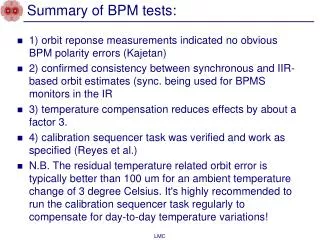 Summary of BPM tests: