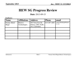 HEW SG Progress Review