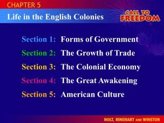 Section 1:	 Forms of Government Section 2:	 The Growth of Trade Section 3: The Colonial Economy