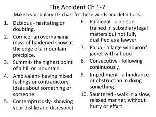 The Accident Ch 1-7 Make a vocabulary TIP chart for these words and definitions.