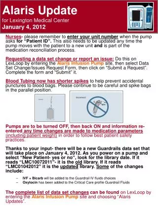 Alaris Update for Lexington Medical Center January 4, 2012