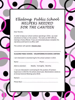 Ellalong Public School HELPERS NEEDED FOR THE CANTEEN