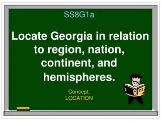 SS8G1a Locate Georgia in relation to region, nation, continent, and hemispheres.