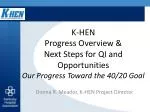 K-HEN Progress Overview &amp; Next Steps for QI and Opportunities Our Progress Toward the 40/20 Goal