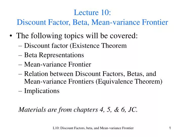 lecture 10 discount factor beta mean variance frontier