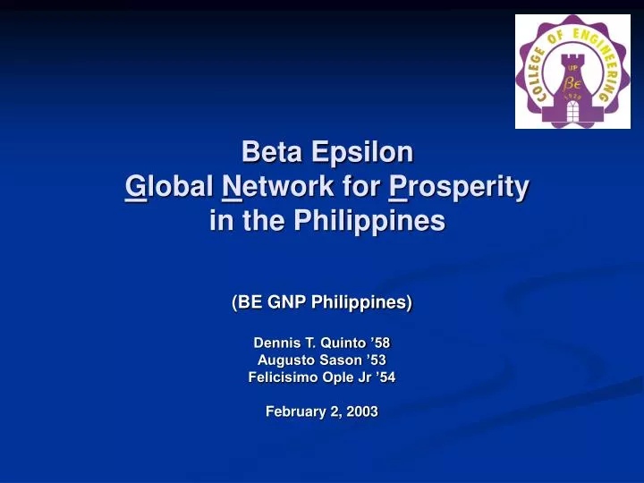 beta epsilon g lobal n etwork for p rosperity in the philippines