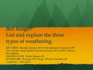 Bell Ringer: List and explain the three types of weathering.