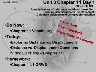 Do Now: Chapter 11 Vocabulary Today: Exploring Distance vs. Displacement