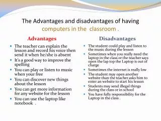 The Advantages and disadvantages of having computers in the classroom .