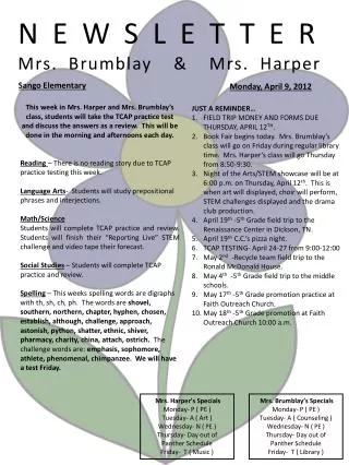 NEWSLETTER Mrs. Brumblay &amp; Mrs. Harper