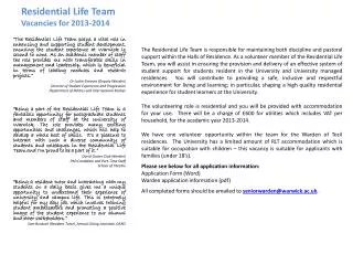 Residential Life Team Vacancies for 2013-2014