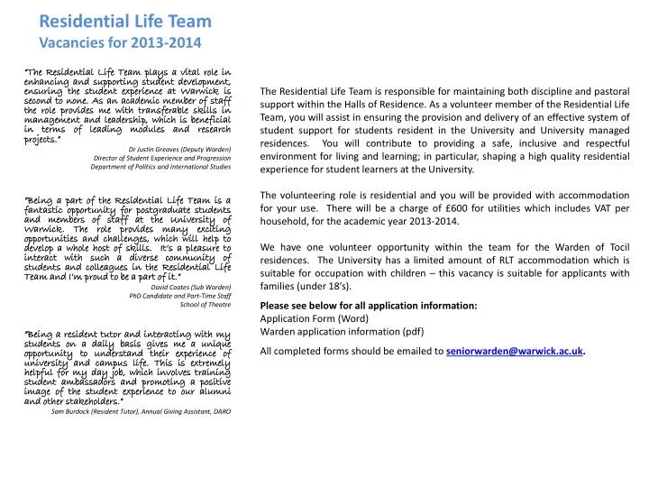 residential life team vacancies for 2013 2014