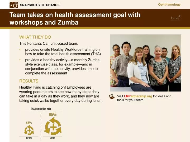 team takes on health assessment goal with workshops and zumba