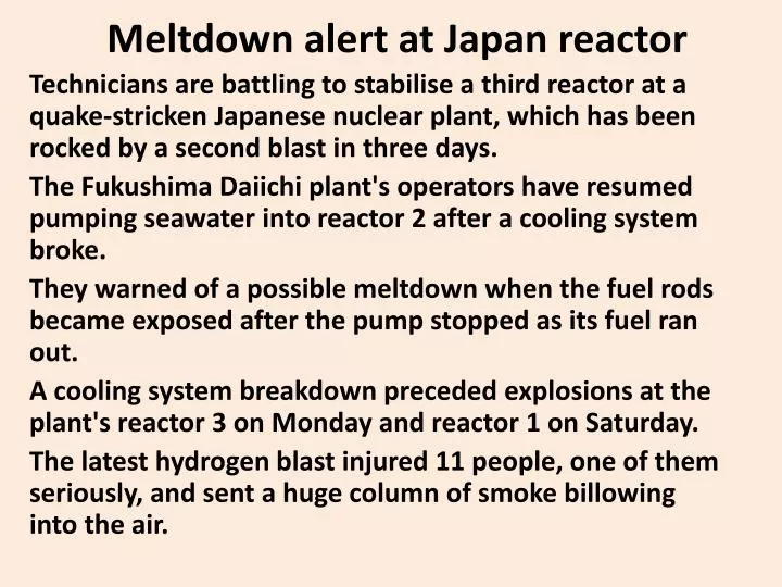 meltdown alert at japan reactor