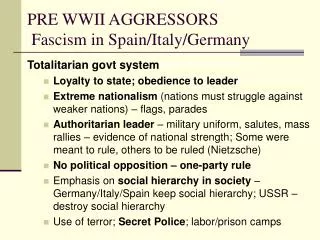PRE WWII AGGRESSORS Fascism in Spain/Italy/Germany