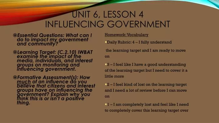 unit 6 lesson 4 influencing government