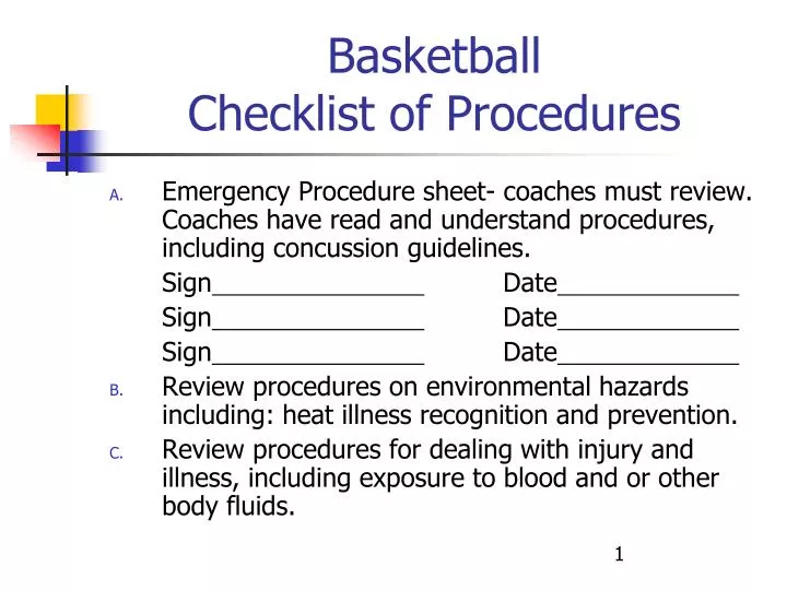 basketball checklist of procedures