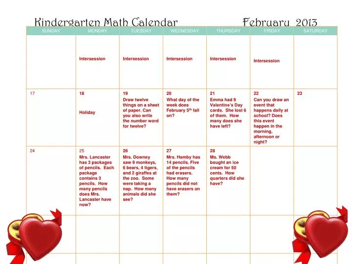 kindergarten math calendar february 2013