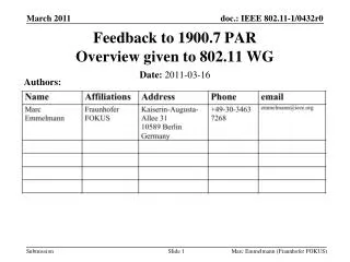 Feedback to 1900.7 PAR Overview given to 802.11 WG