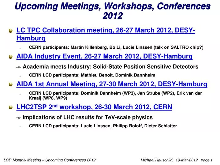 upcoming meetings workshops conferences 2012
