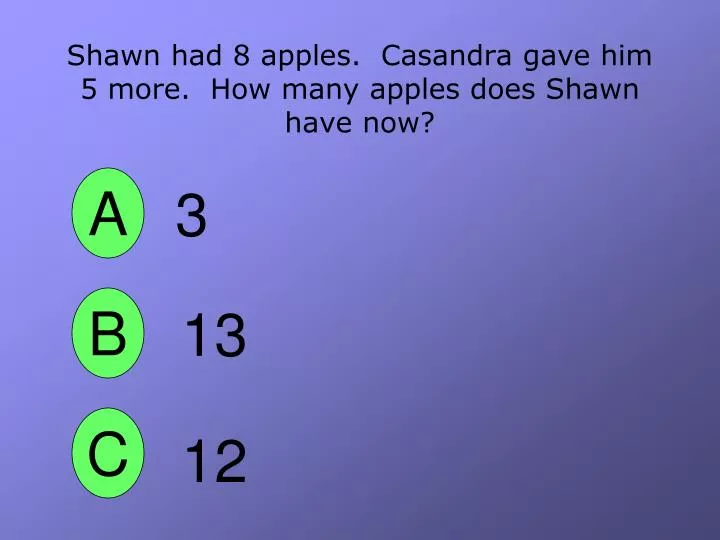 shawn had 8 apples casandra gave him 5 more how many apples does shawn have now