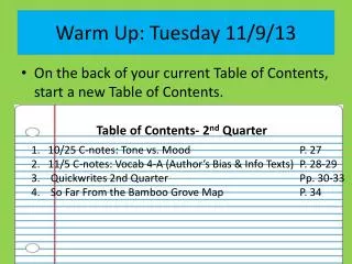 Warm Up: Tuesday 11/9/13