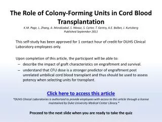 The Role of Colony-Forming Units in Cord Blood Transplantation Quiz