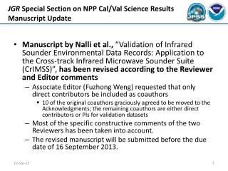 JGR Special Section on NPP Cal/Val Science Results Manuscript Update
