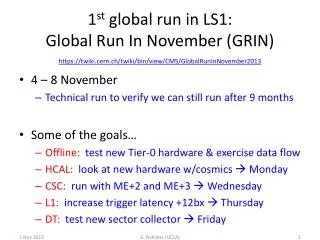 1 st global run in LS1: Global Run In November (GRIN)