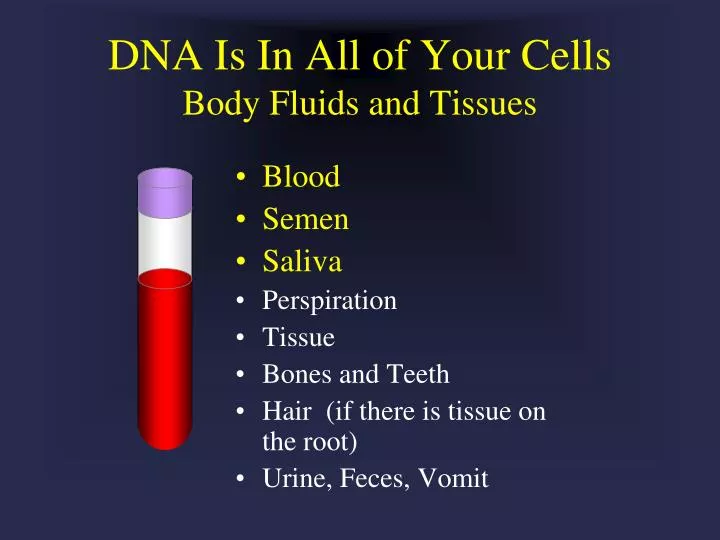 dna is in all of your cells body fluids and tissues