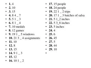 1. 4 2. 10 3. 15 4. 8 4 _ 7 5. 5 1 _ 3 6. 8 1 _ 4 7. 10 medals 8. 12 games