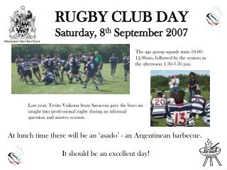RUGBY CLUB DAY Saturday, 8 th September 2007