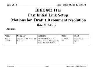 IEEE 802.11ai Fast Initial Link Setup Motions for Draft 1.0 comment resolution