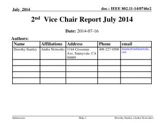 2 nd Vice Chair Report July 2014