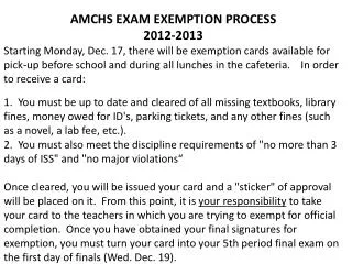 AMCHS EXAM EXEMPTION PROCESS 2012-2013